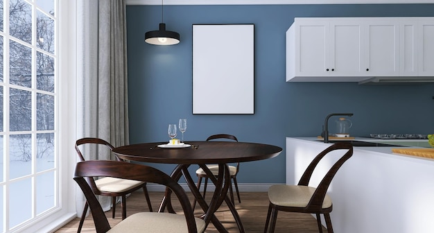 Blank Poster Frame Mockup in Modern Kitchen Interior Design mit Esstisch Küchenschrank