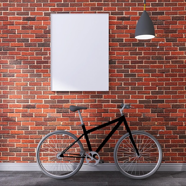 Blank Poster Frame Mockup mit Fahrrad und Deckenleuchte Red Bricks Wall Background