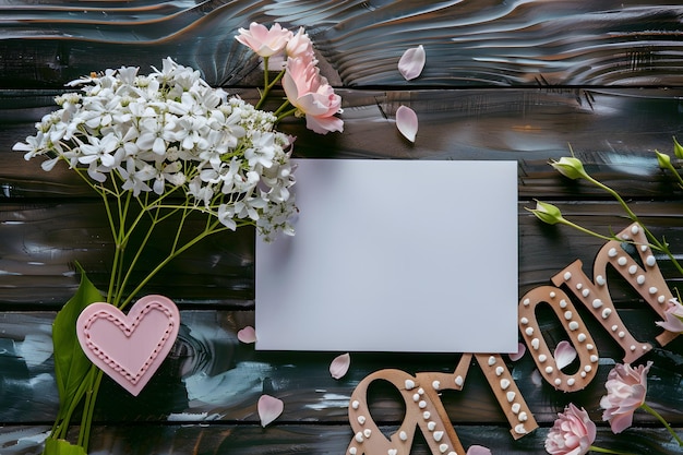 Foto blank sheet of paper with pink flowers on a wooden background