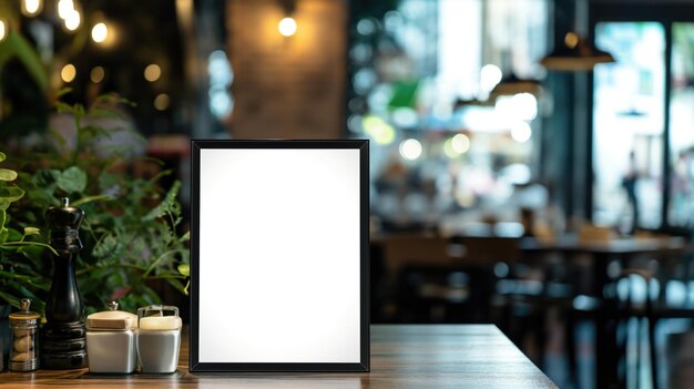 Blank-weißes Poster mit schwarzem Rahmen steht vor einem verschwommenen Restaurant-Café-Hintergrund