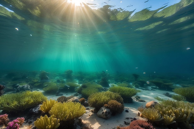 Blasen und Bokeh unter Wasser im klaren grünen Ozean von Kalifornien