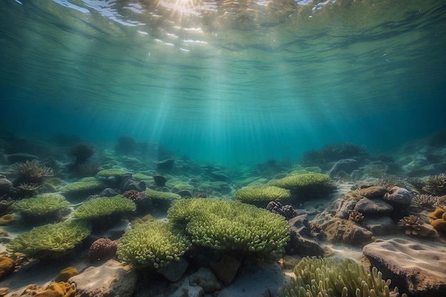 Blasen und Bokeh unter Wasser im klaren grünen Ozean von Kalifornien