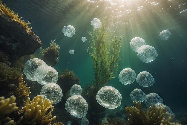 Blasen und Bokeh unter Wasser im klaren grünen Ozean von Kalifornien