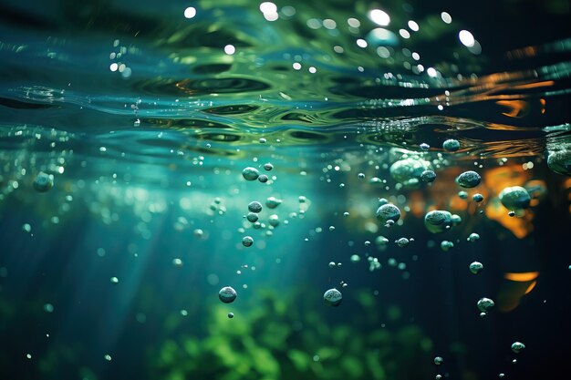 Foto blasen und bokeh unter wasser im klaren grünen ozean