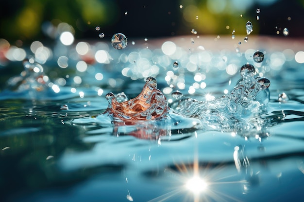 Blasen und Spritzer auf der Wasseroberfläche, die einen schönen Blauton hat. Ein zeitgenössisches Wasser