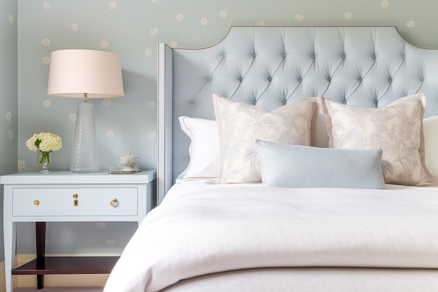 Blassblaue Schlafzimmerdekoration Innenarchitektur und Ferienvermietung Bett mit eleganten Bettwäsche und Möbeln Englisches Landhaus und Cottage-Stil nachverarbeitete generative ai