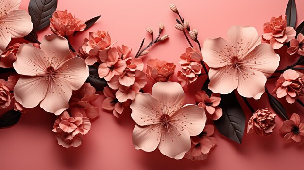 Blattrahmen rosa Blumen auf einem PostInternet-Rosa-Hintergrund