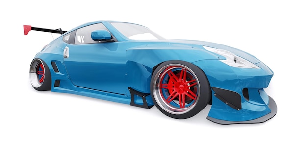 Blau abgestimmter Sportrennwagen mit Luftfederung mit Bogenverlängerungen und einem riesigen Spoiler 3D-Rendering