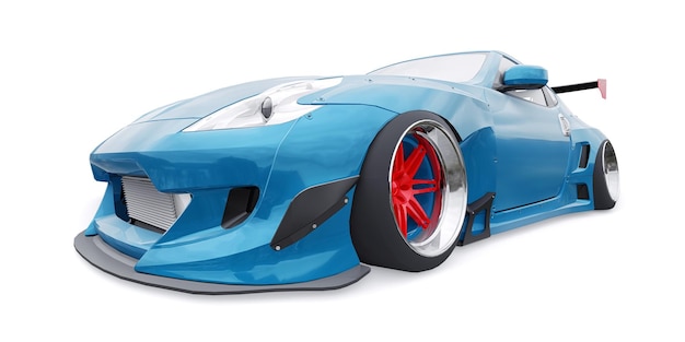 Blau abgestimmter Sportrennwagen mit Luftfederung mit Bogenverlängerungen und einem riesigen Spoiler 3D-Rendering