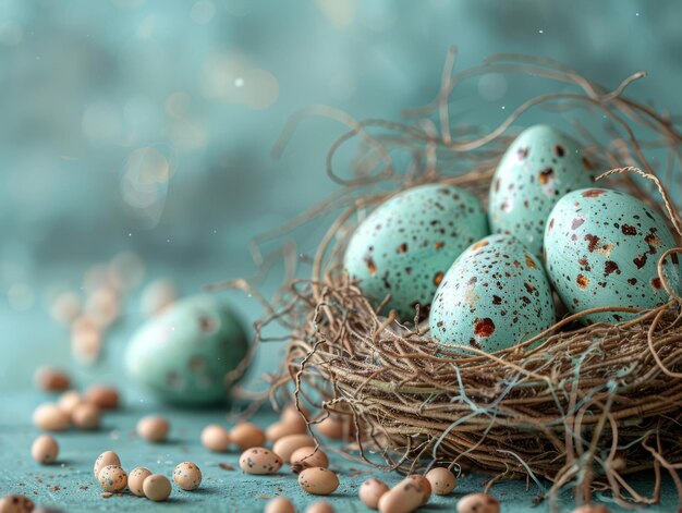 Foto blau bemalte farbenfrohe ostereier auf blau-pastellfarbenem hintergrund