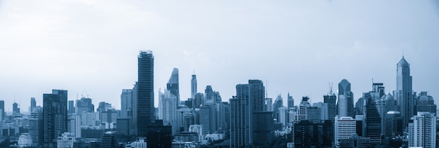 Blau gefiltertes Stadtbild und Hochhäuser im Zentrum der Metropole