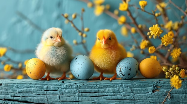 Blau-gelbe weiße Eier im Nest und gelbe Küken auf einem blauen Holzhintergrund