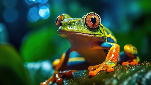 Foto blau-gelber und orangefarbener frosch auf grünem blatt