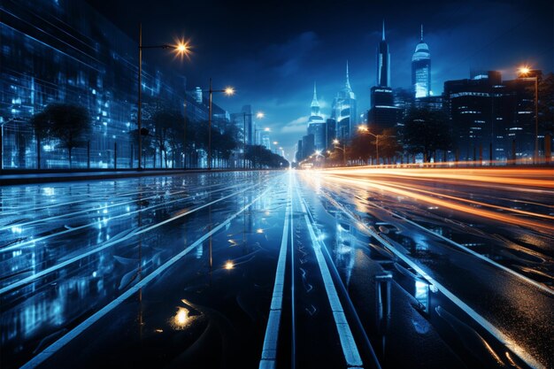 Blau getönte Stadtlandschaft. Fesselnde Lichtspuren von Fahrzeugen auf belebten Straßen