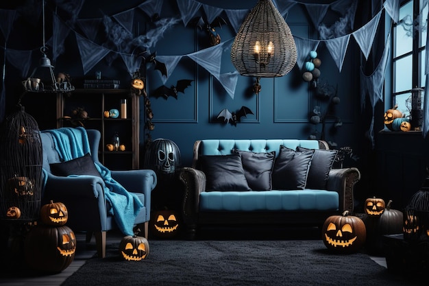 Blau getöntes Wohnzimmerinterieur mit Halloween-Dekorationen. Hintergrund für Halloween