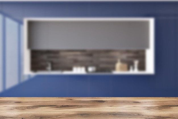 Blau glänzende Küchenarbeitsplatten mit Einbaugeräten in einer grauen Kücheneinrichtung mit Holzboden und einer Bar mit Hockern. Eine Vorderansicht. 3D-Rendering-Attrappe verschwommen