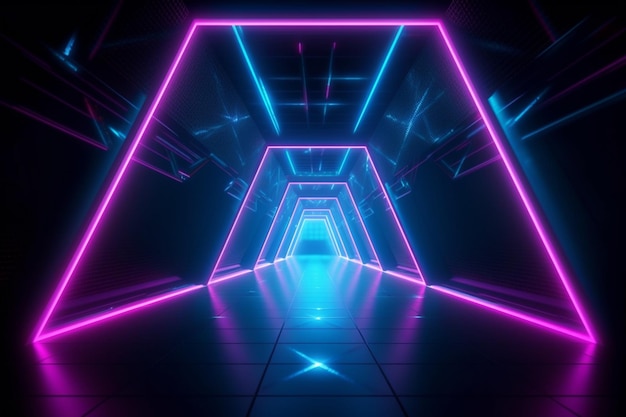 Blau-rosa Neon-Dreieck-Portal abstrakter Hintergrund Glühende Linien Virtual-Reality-Tunnel