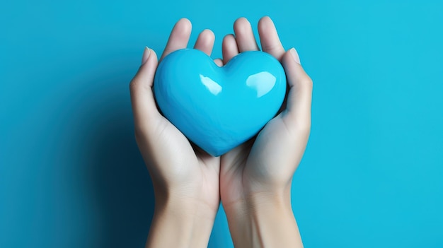 Blau textiertes süßes Herz in den Händen auf einem sauberen blauen Hintergrund Freundlichkeit ist in den Händ en des Mannes Valentinstag Konzept Banner