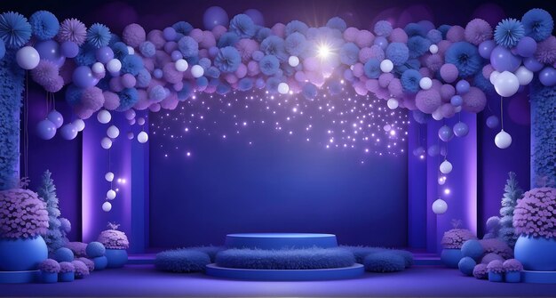 Foto blau und lila geburtstag leere bühne mit blumen karton dekoration funkelnde lichter