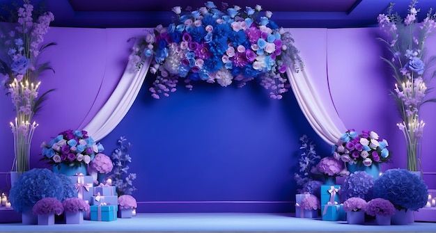 Foto blau und lila geburtstag leere bühne mit blumen karton dekoration funkelnde lichter