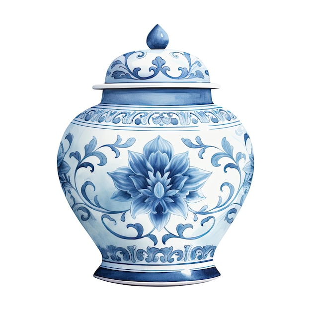Blau-weiße Aquarelle Vase Chinoiserie Ornament Vintage Kunst