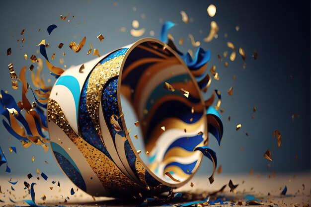 Blau-weißer abstrakter Hintergrund für Karnevalsparty-Konzept mit Goldfolien-Luftschlangen und glänzendem Konfetti