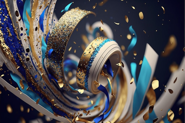 Blau-weißer abstrakter Hintergrund für Karnevalsparty-Konzept mit Goldfolien-Luftschlangen und glänzendem Konfetti