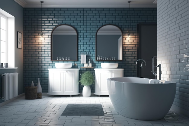 Blau-weißes Backstein-Badezimmerdesign. Ein Doppelwaschbecken mit Holzboden und eine Badewanne. Das Frontplakat wirkt verschwommen