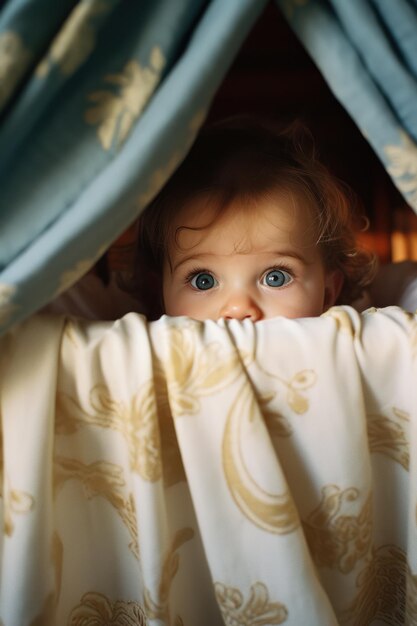 Foto blauäugiges baby schaut neugierig von der wiege auf