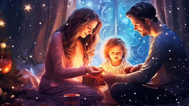 Blauäugiges Kind mit blonden Haaren mit einer großen Geschenkbox in den Händen sitzt auf einem flauschigen Teppich unter einem geschmückten Weihnachtsbaum traditionelles Paar Mutter und Vater