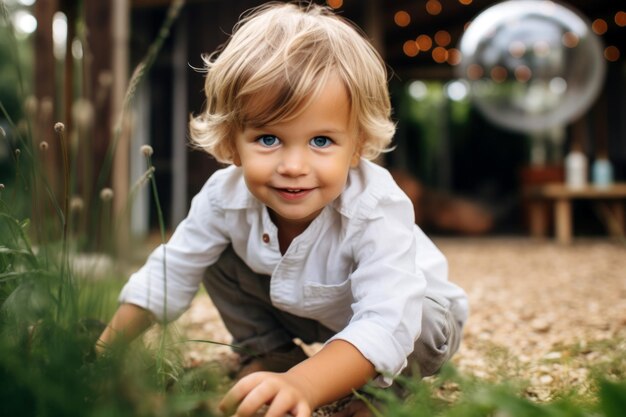Blauäugiges Kleinkind mit blonden Haaren, das sich im Freien erfreut