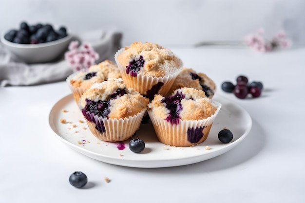 Blaubeer-Muffins mit frischen Blaubeeren auf einem weißen Tisch Nahaufnahme heller Hintergrund Ein köstliches Dessert oder Frühstück AI generiert