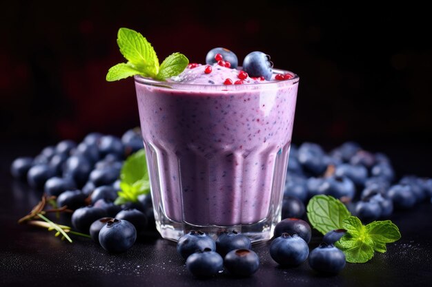 Blaubeer-Smoothie mit frischen Beeren auf schwarzem Hintergrund. Konzept für gesunde Ernährung. Blaubeer-Smoothie oder Milchshake mit frischen Beeren, KI-generiert
