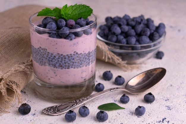 Blaubeer- und Chiapudding. Nahansicht.