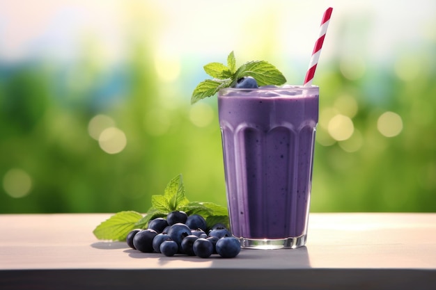 Blaubeere-Milkshake mit Strohhalm auf einem Holztisch im Freien