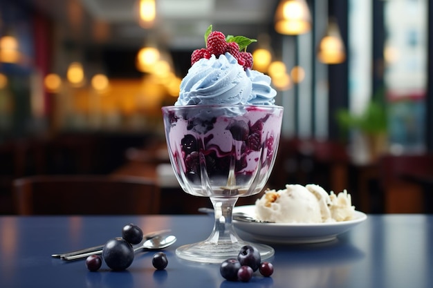 Blaubeereis in einem Glas in einem schönen Café