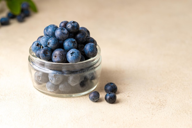 Blaubeeren, frische Beeren in einer Glasschüssel, neutraler, warmer Hintergrund, Kopierraum