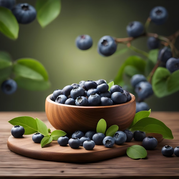 Blaubeeren in einer Holzschale, Produkthintergrund für Blaubeerprodukte, Holzsockelhintergrund