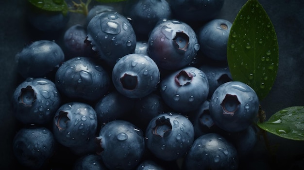 Blaubeeren mit Blättern, nahtloser Hintergrund, sichtbare Wassertropfen, generative KI