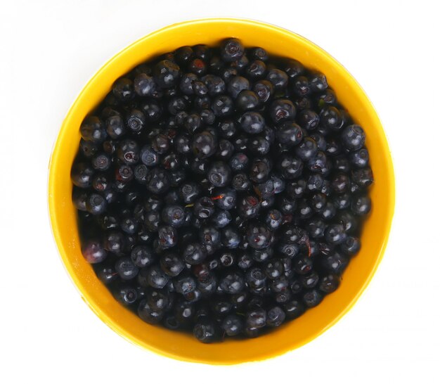 Blaubeeren mit Blatt in Schüssel, Tasse, Teller