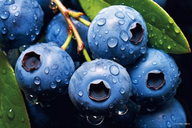 Blaubeeren mit Regentropfen darauf