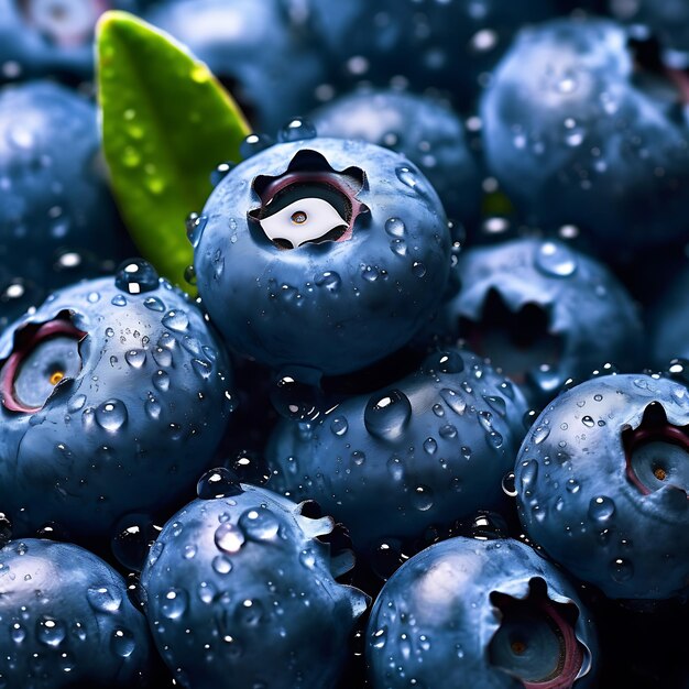 Blaubeeren mit Regentropfen, von denen eine ein grünes Blatt hat.