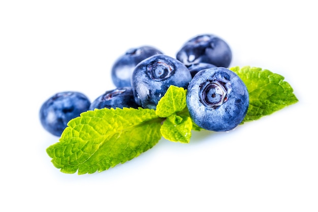 Blaubeeren mit tadellosen Blättern lokalisiert auf weißem Hintergrund.