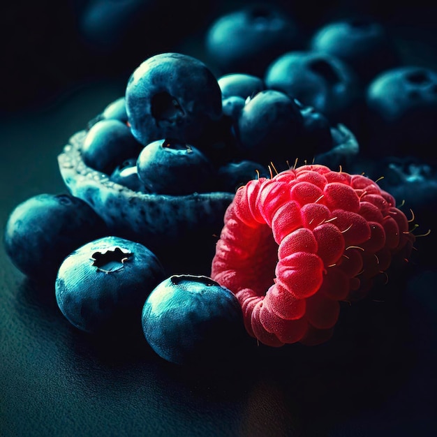 Blaubeeren und Himbeeren auf dunklem Hintergrund