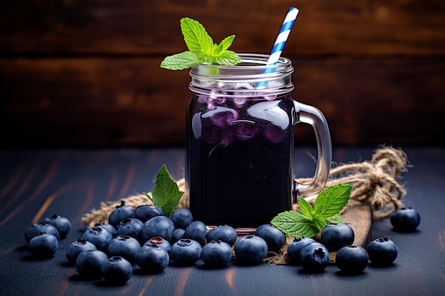 Blaubeerensaft, der in einem Glas mit einer Scheibe Kuchen serviert wird