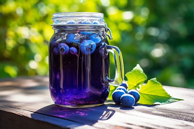 Foto blaubeerensaft, der in einem glas mit einer scheibe kuchen serviert wird