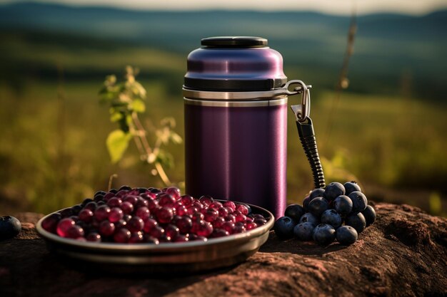 Blaubeerensaft, der in einem Glas mit einer Scheibe Kuchen serviert wird