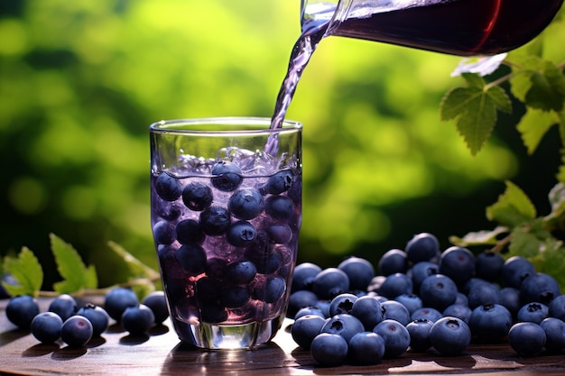 Blaubeerensaft in ein Glas gegossen mit einer Scheibe Blaubeerkuchen in der Nähe