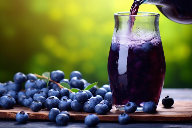 Blaubeerensaft in ein Glas gegossen mit einer Scheibe Blaubeerkuchen in der Nähe