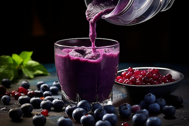 Blaubeerensaft in ein Glas gegossen mit einer Scheibe Blaubeerkuchen in der Nähe